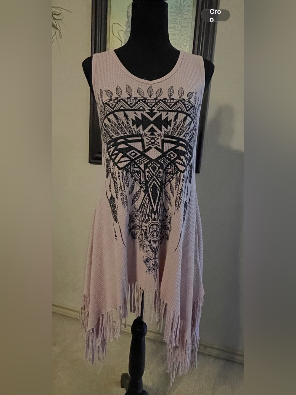 Sleeveless Pink Fringe Tunic Dress with Black Aztec Print